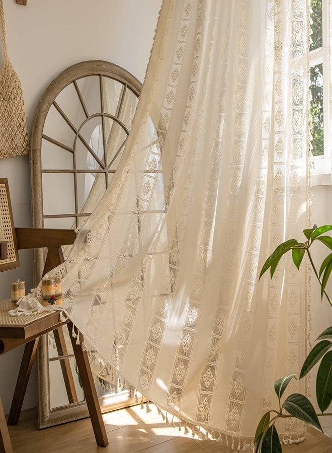 Sutuo Home ستائر بوهو بيج من Sutuo Home لغرفة المعيشة أو غرفة النوم، قطعتان، مزينة بتطريز كروشيه دانتيل، شفافة جزئياً، مصنوعة يدوياً مع شرابات، ستائر ريفية عتيقة الطراز، جيب للعمود، 52 بوصة عرض × 84 بوصة طول - Image 1